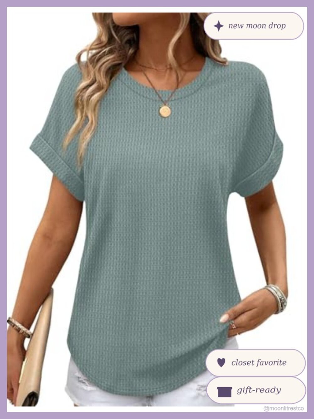 Waffle Knit Short Sleeve Crew Neck Curved Hem Loose Fit Tunic Tee
